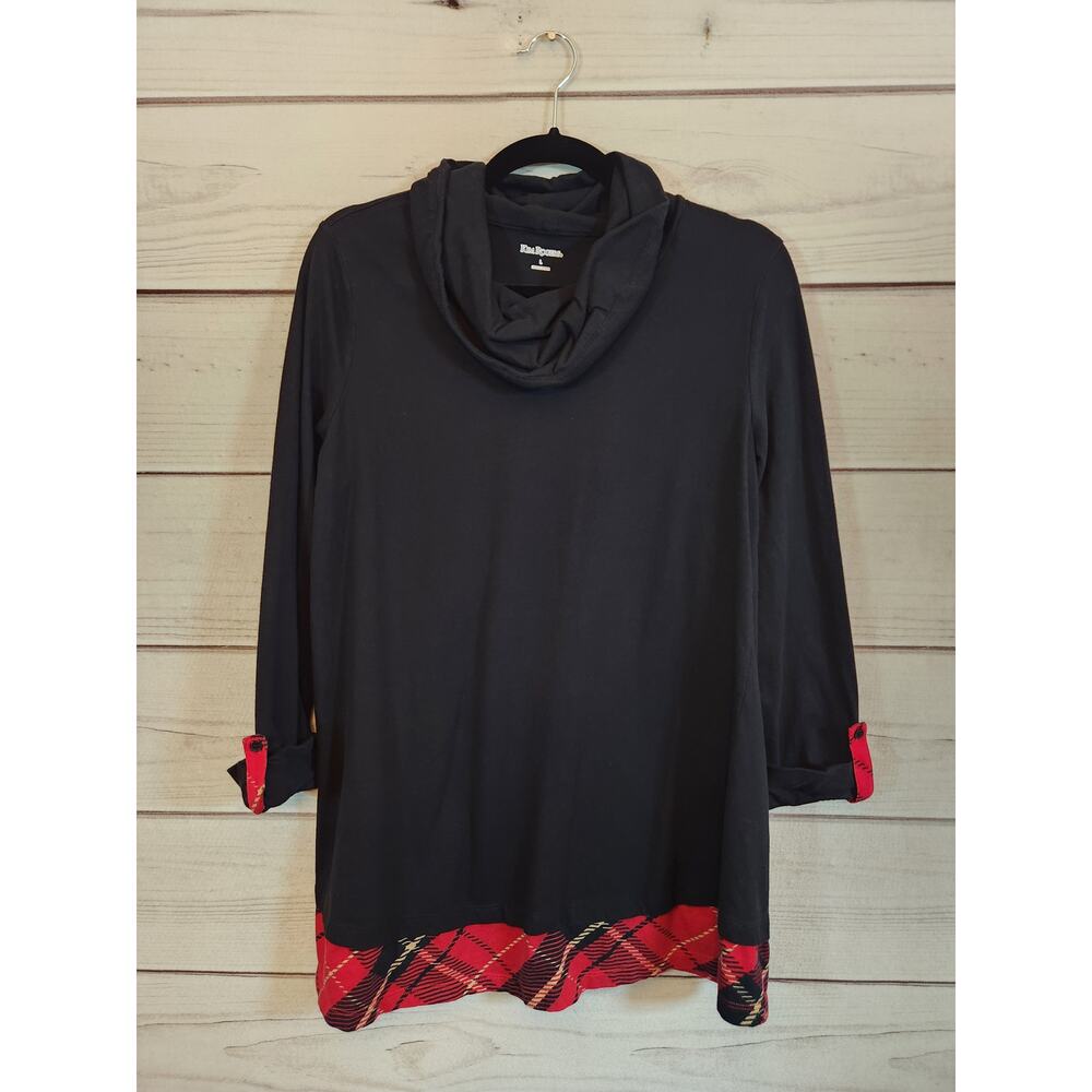 Kim Rogers Women's Black Red Cowl Neckline Long Sleeves Tunic Top Size Large